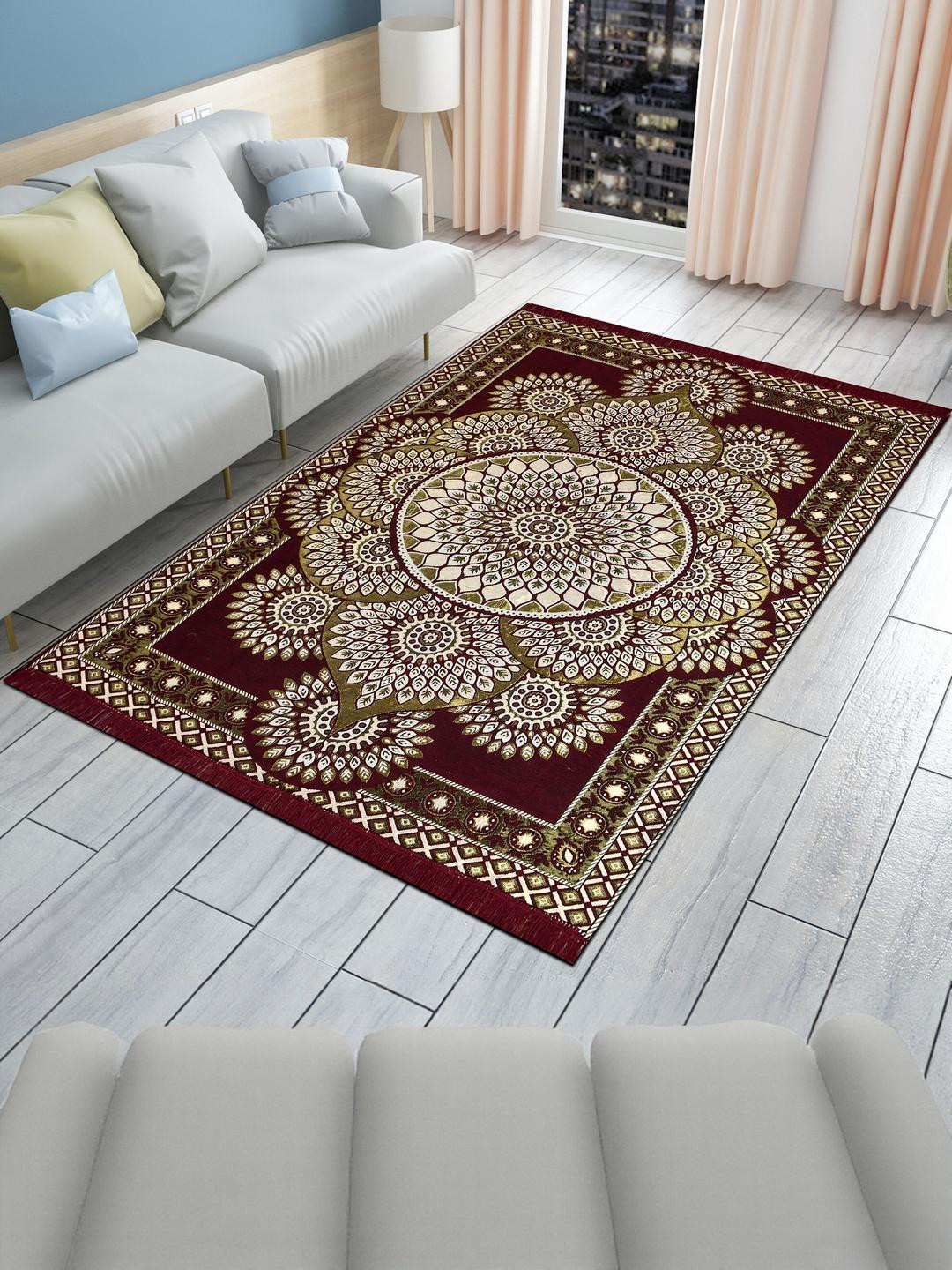Furnishing Hut Maroon & Green Printed Non-Slip & Durable Cotton Carpet