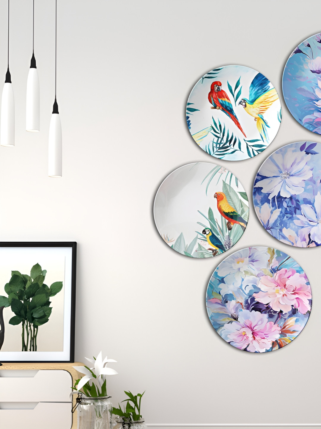 THE QUIRKY HOME Where Birds Meet Flowers Ceramic Floral Glossy Hall 5Pcs Wall Plates-10In