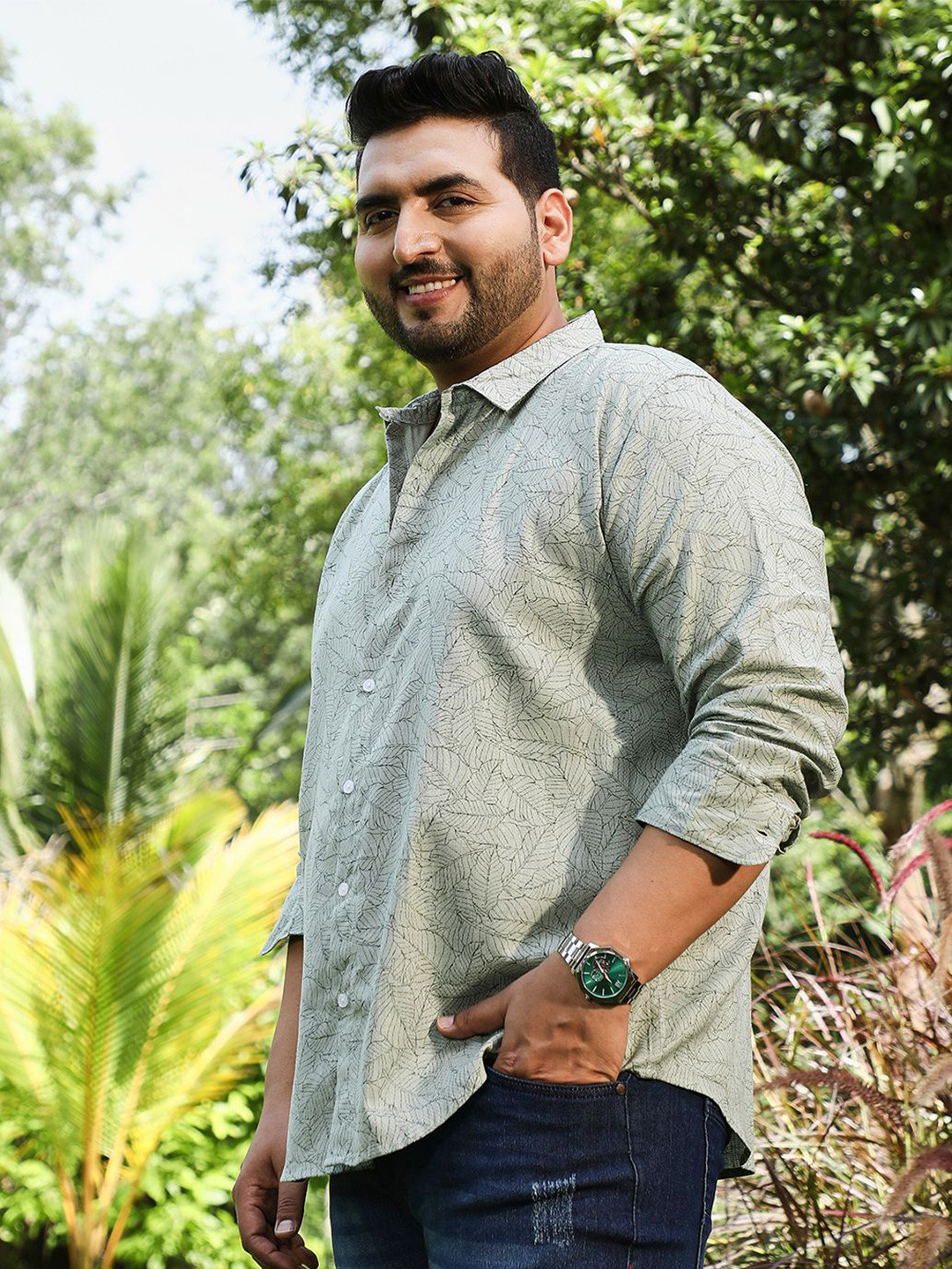 Instafab Plus Plus Size Comfort Leaflet Floral Printed Spread Collar Cotton Shirt