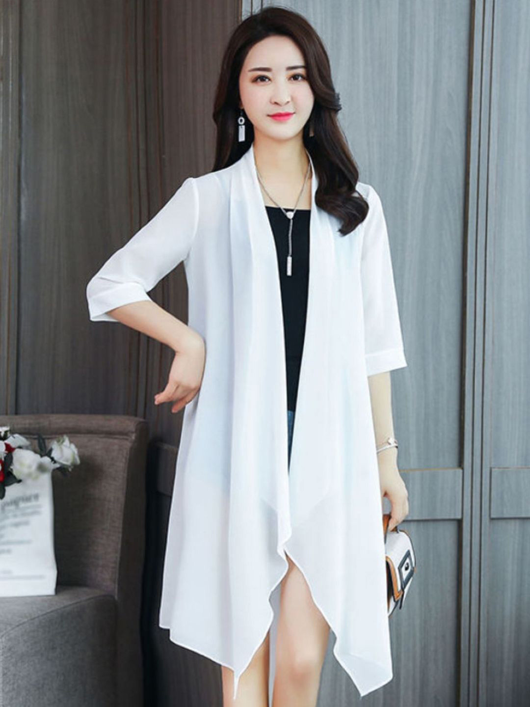 KPOP Three-Quarter Sleeves Longline Waterfall Shrug