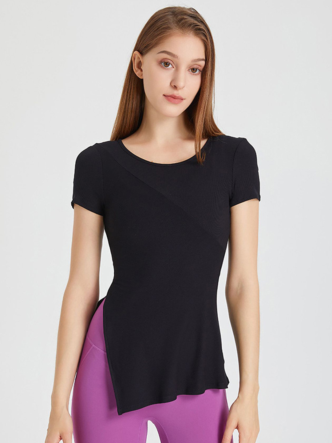 LULU & SKY Women Round Neck  Side Slit Diagonal Hem T-shirt