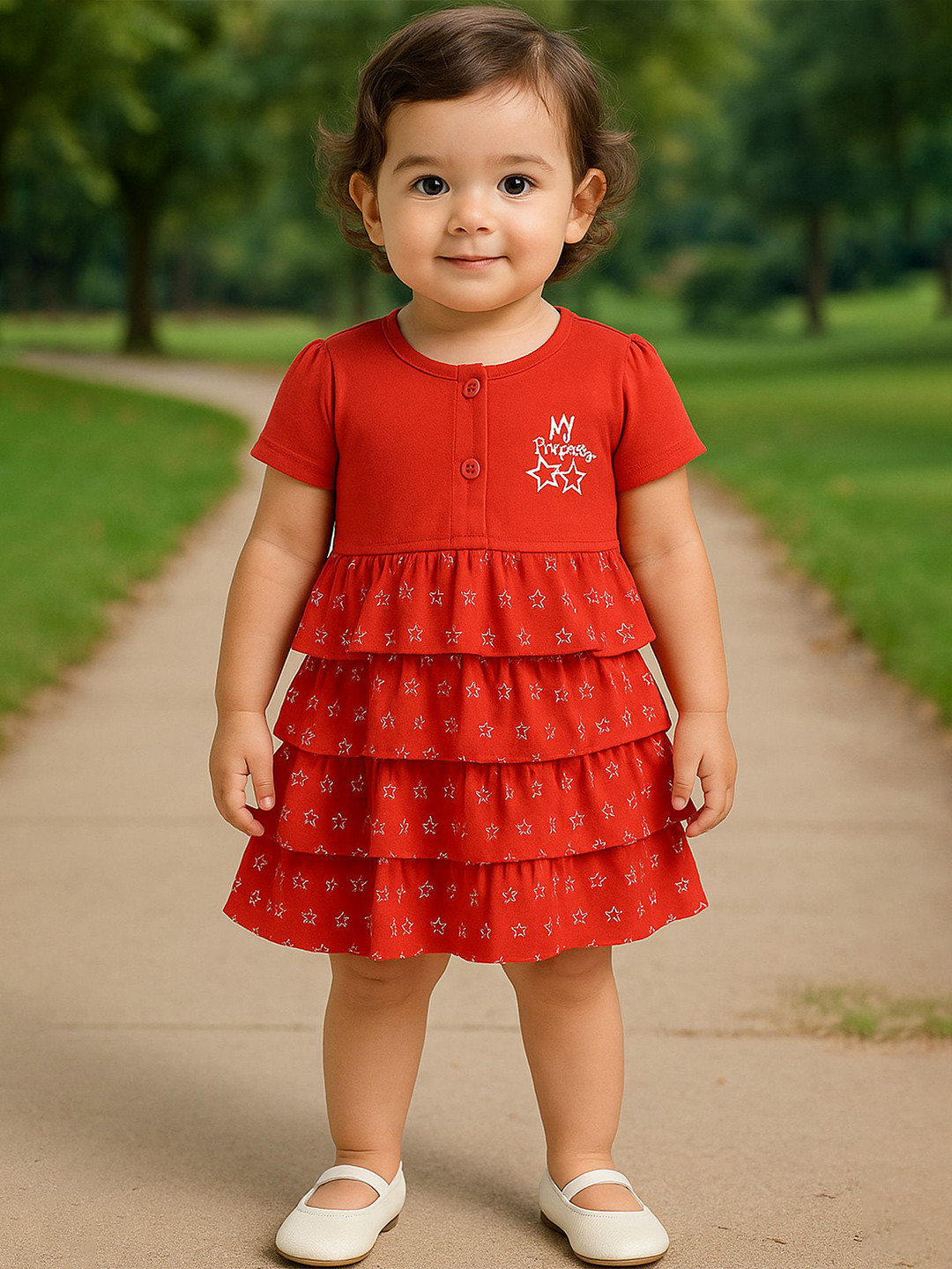 Zeal Girls Geometric Printed Embroidered Pure Cotton Dress With Panty