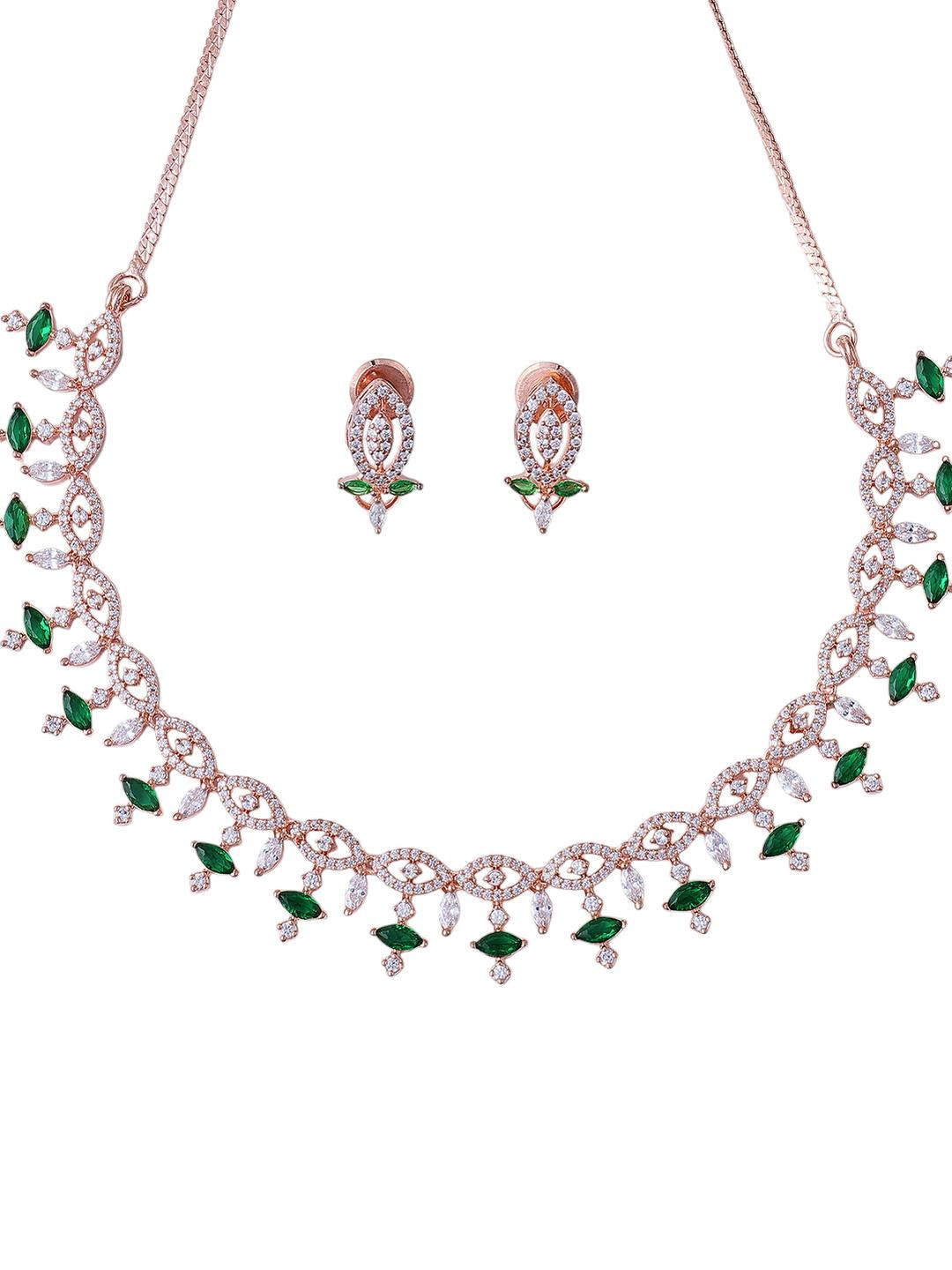 KAYRAH Green & Silver Stone Studed Jewellery Set