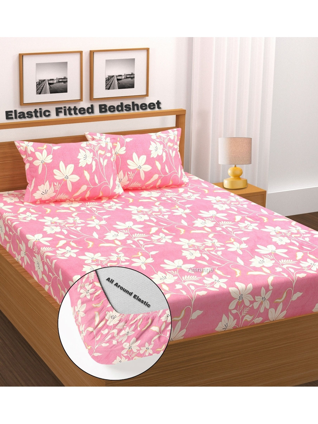 AMRANGE Pink & White Printed Fitted Microfiber 210 TC Double King Bedsheet Set 1.8m x 1.9m
