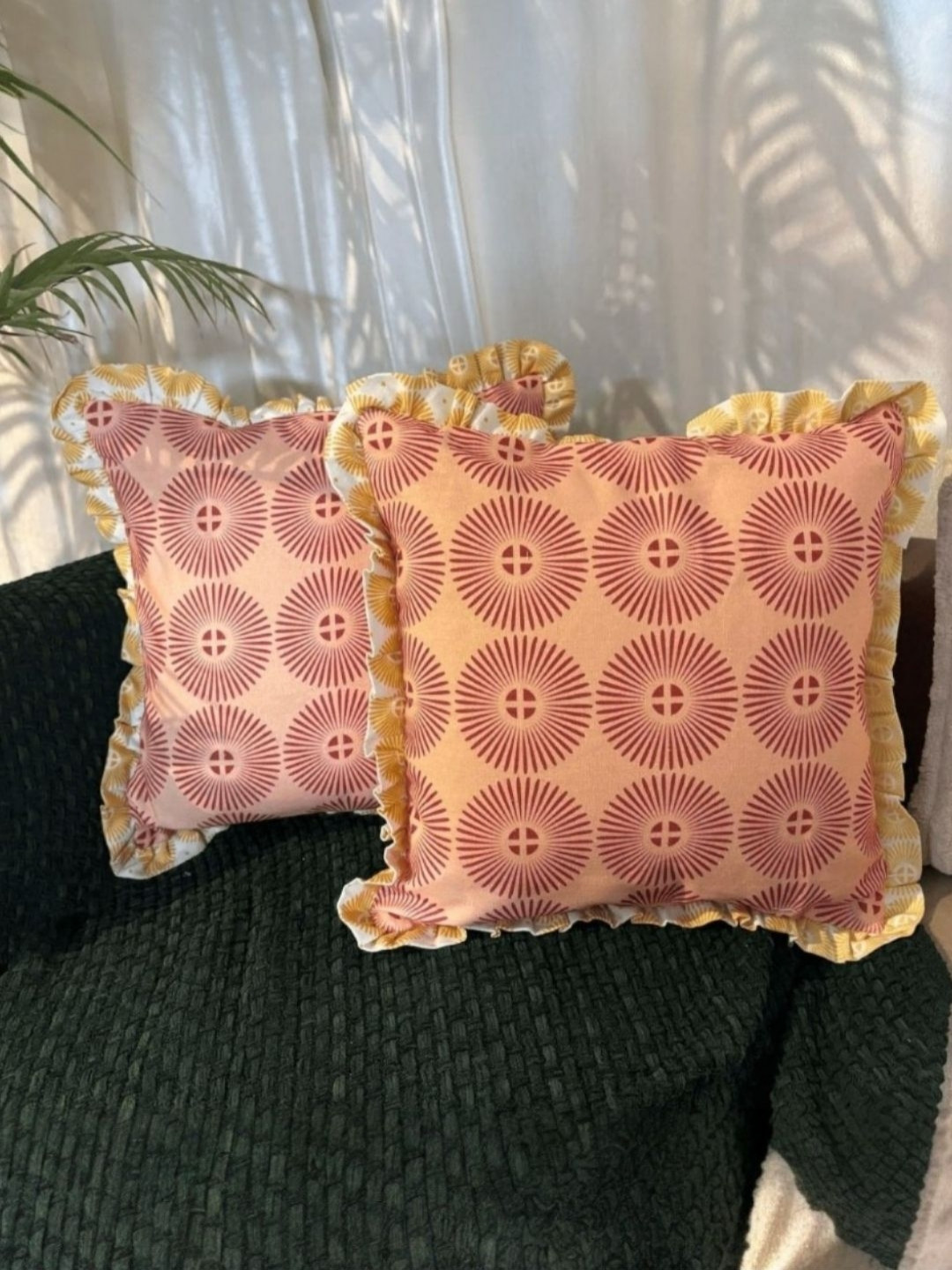 LUSHLYF Terracotta Sunburst Ruffle Rust 2 Pieces Printed Cotton Square Cushion Covers