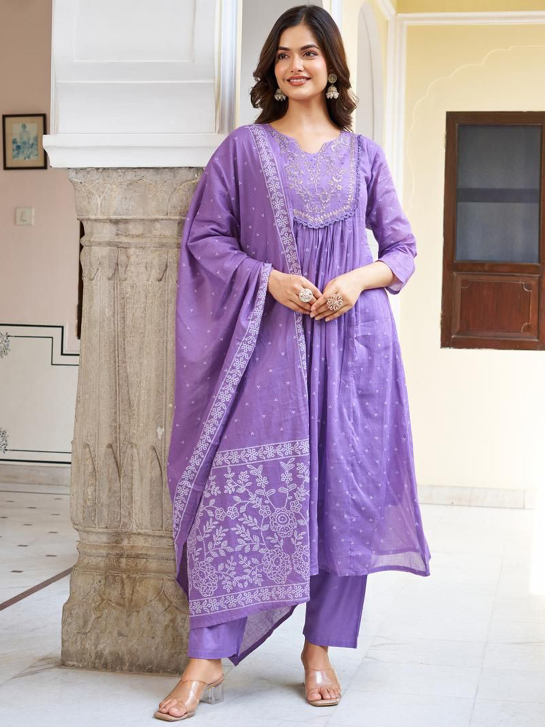 TWINS LADY Floral Embroidered Notch Neck Pure Cotton A-Line Kurta With Trousers & Dupatta