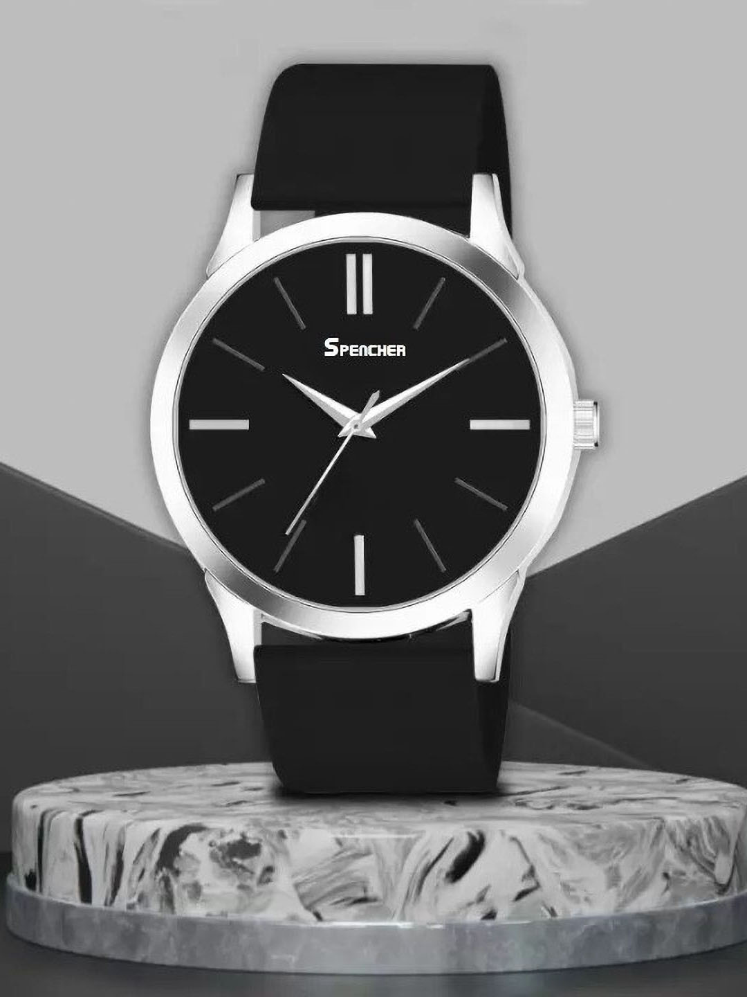 SPENCHER Men Round Dial Analogue Watch Sikka Fll Black Silver Case PVC Strap