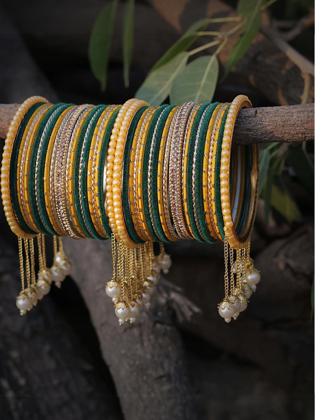 Amika Set of 42 Green & Gold-Toned Latkan Bangles