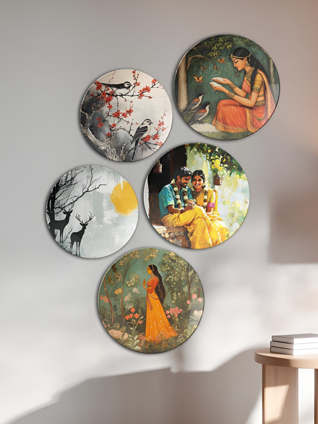 THE QUIRKY HOME Tales of India Crafted Ceramics Glossy Hanging Hall 5Pcs Wall Plates-10In