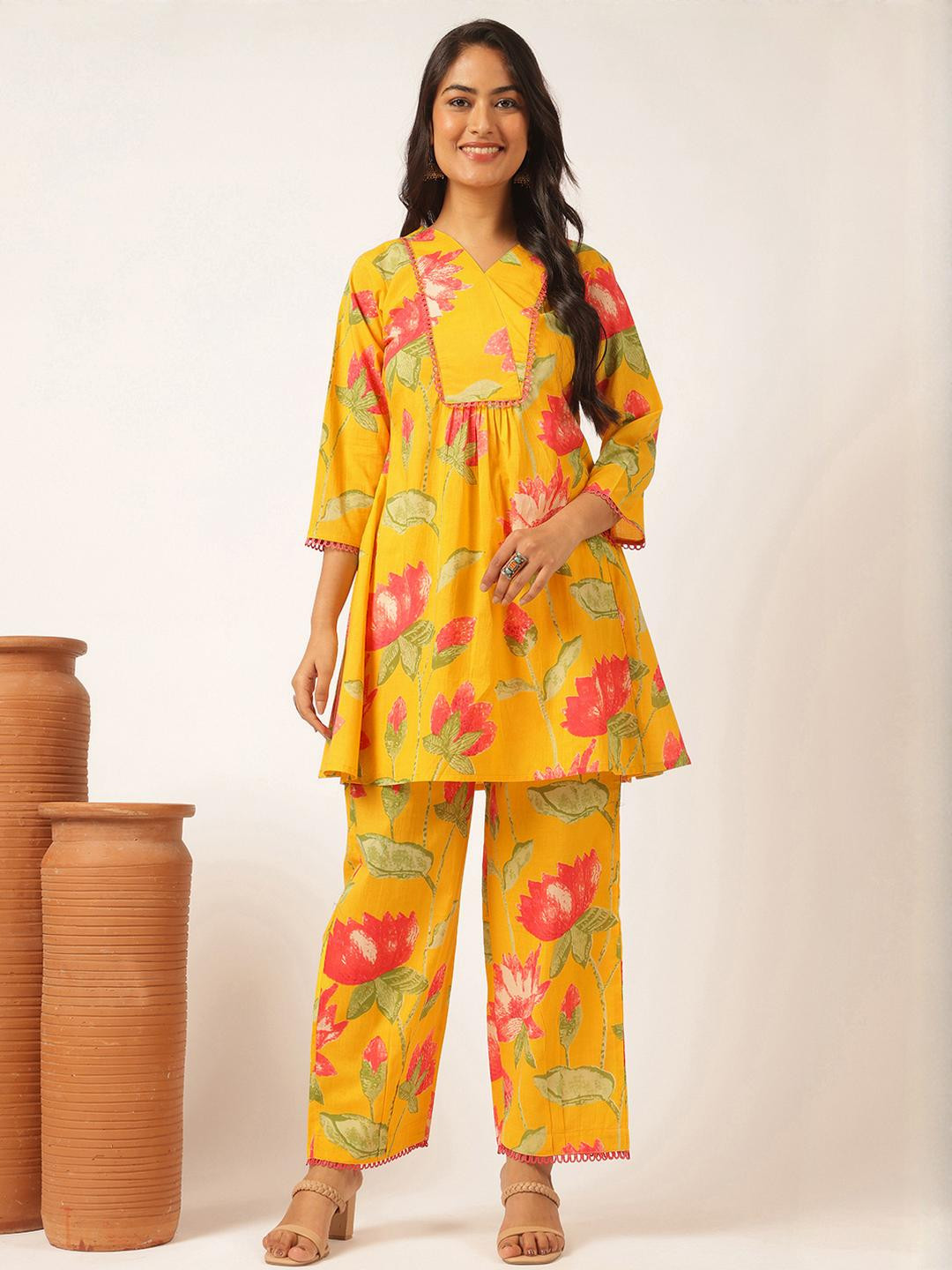 KALINI Women Floral Print Flare Cotton Top & Palazzos Co-Ord Set