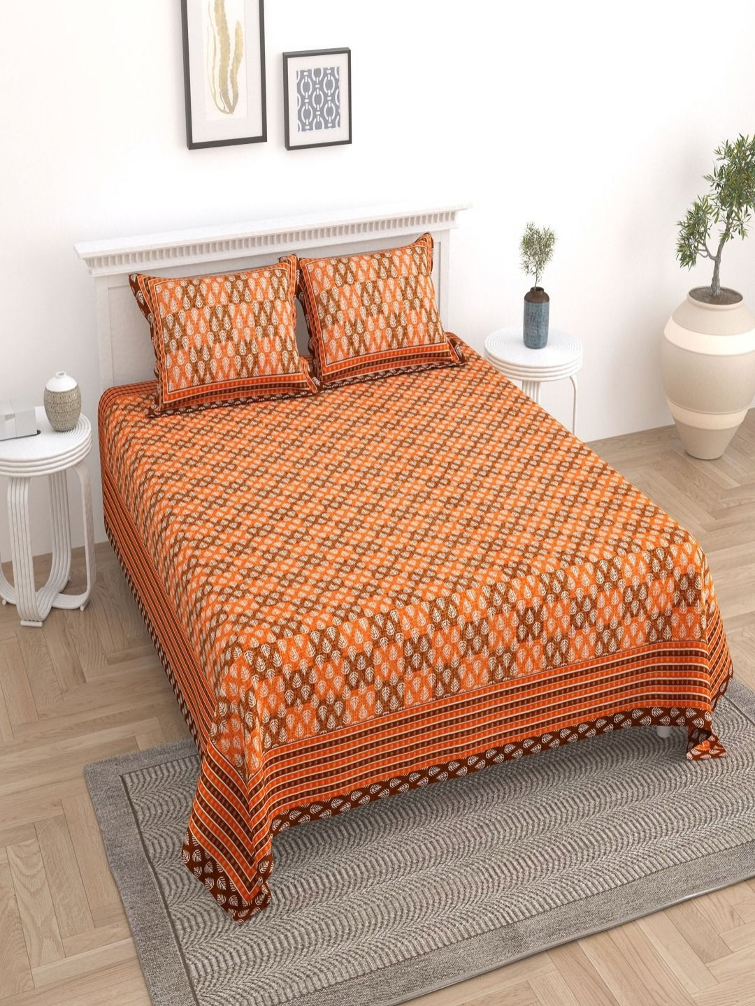 Bombay Spreads Orange & Brown Printed Cotton 180 TC Double King Bedsheet Set 2.74m X 2.20m