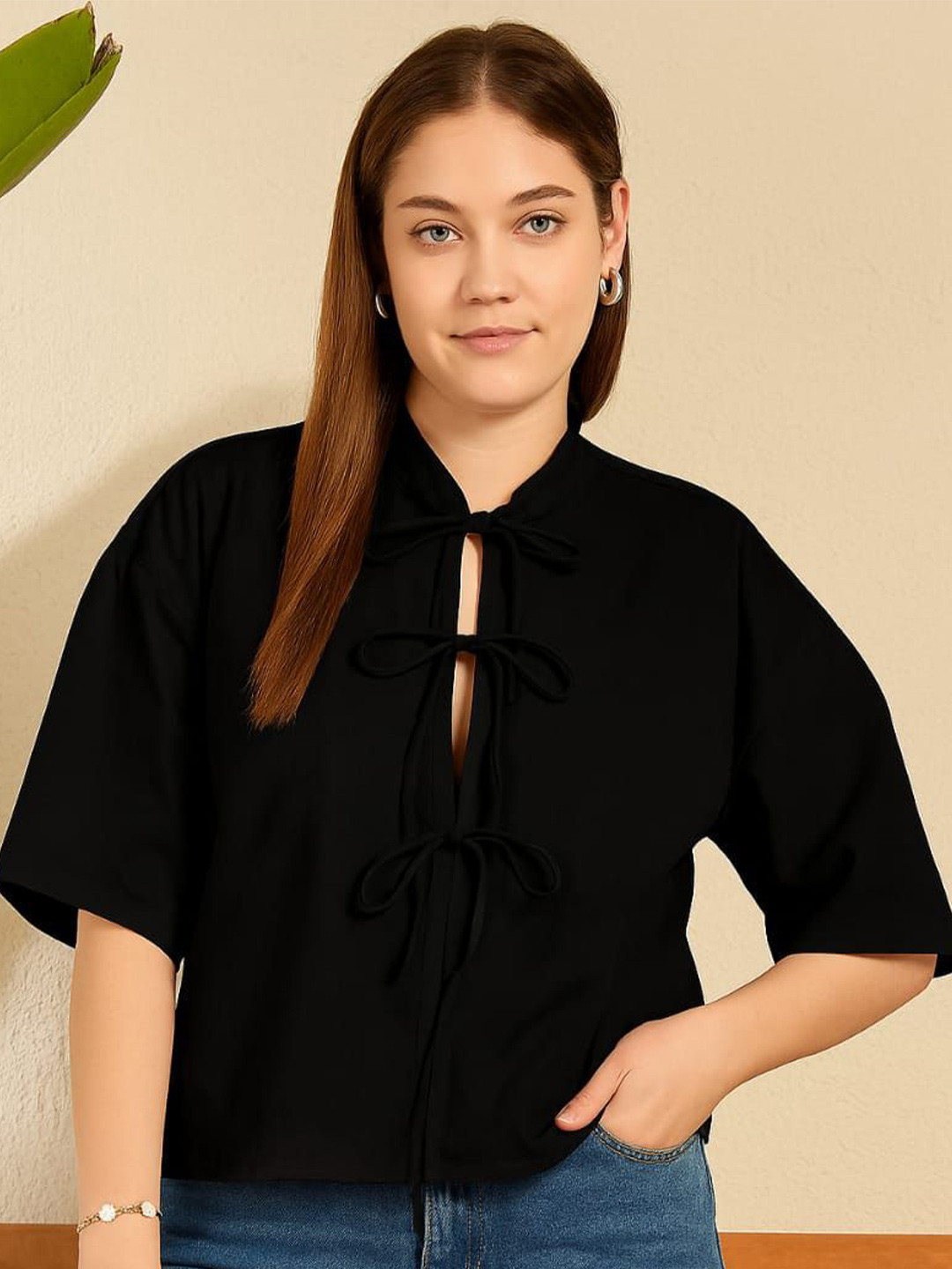 StyleStone Women Shirt Collar Front Tie Up Cotton Top