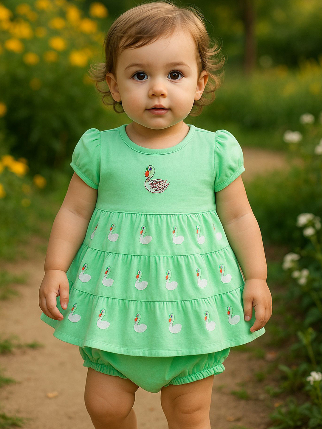 Zeal Girls Animal Printed Embroidered Pure Cotton Dress With Panty