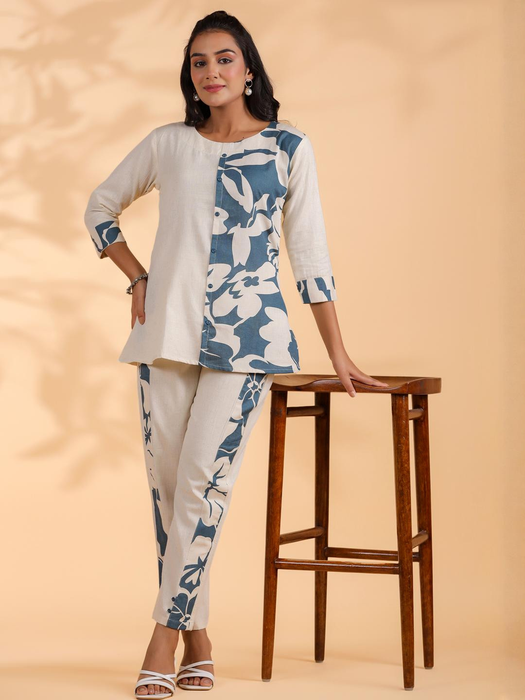 KALINI Half-Half Print Tunic Khadi Cotton Co-Ord Set