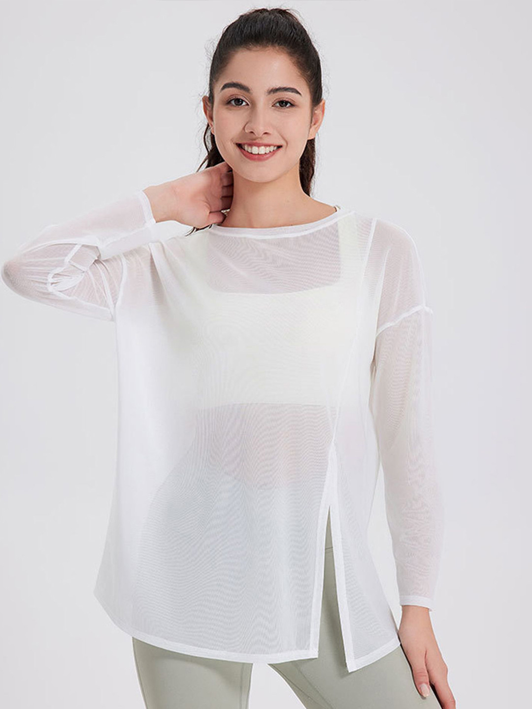 LULU & SKY Women Bat Neck Transparent Slit Sports Top