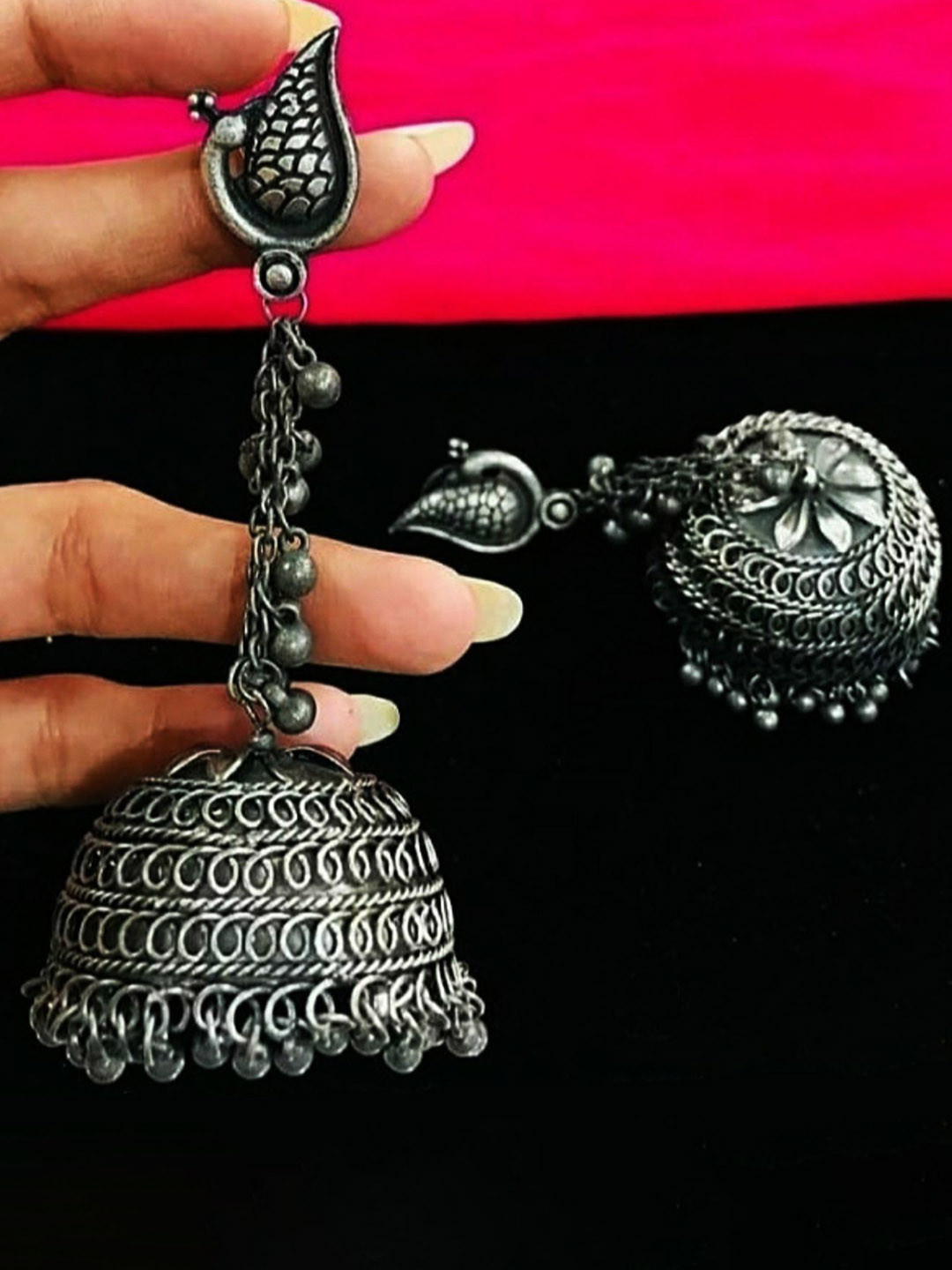 Sangria Silver-Plated Artificial Beaded Dome Shaped Oxidised Jhumkas