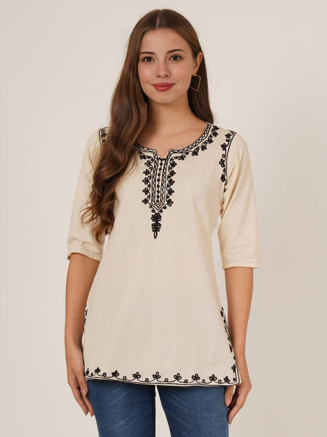 Diktmark Ethnic Motifs Embroidered Khadi Kurti