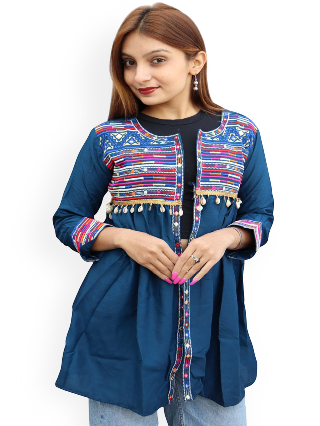 Prijam Women Embroidered Open Front Jacket