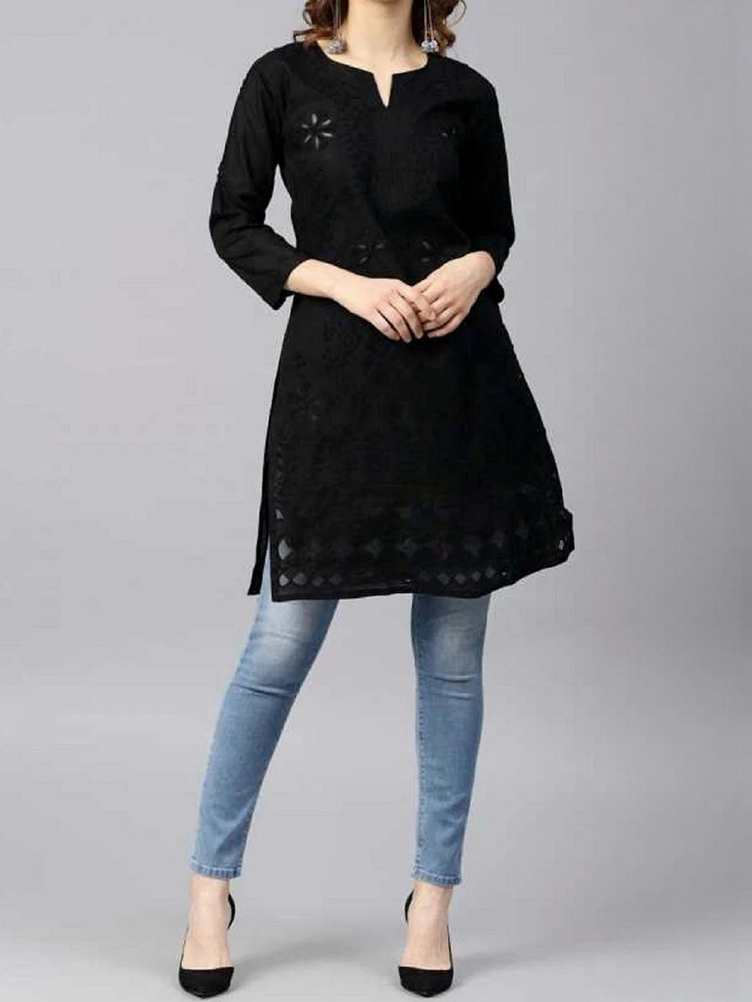 KURTIVERSE Women Black Cut work Regular Straight Kurta