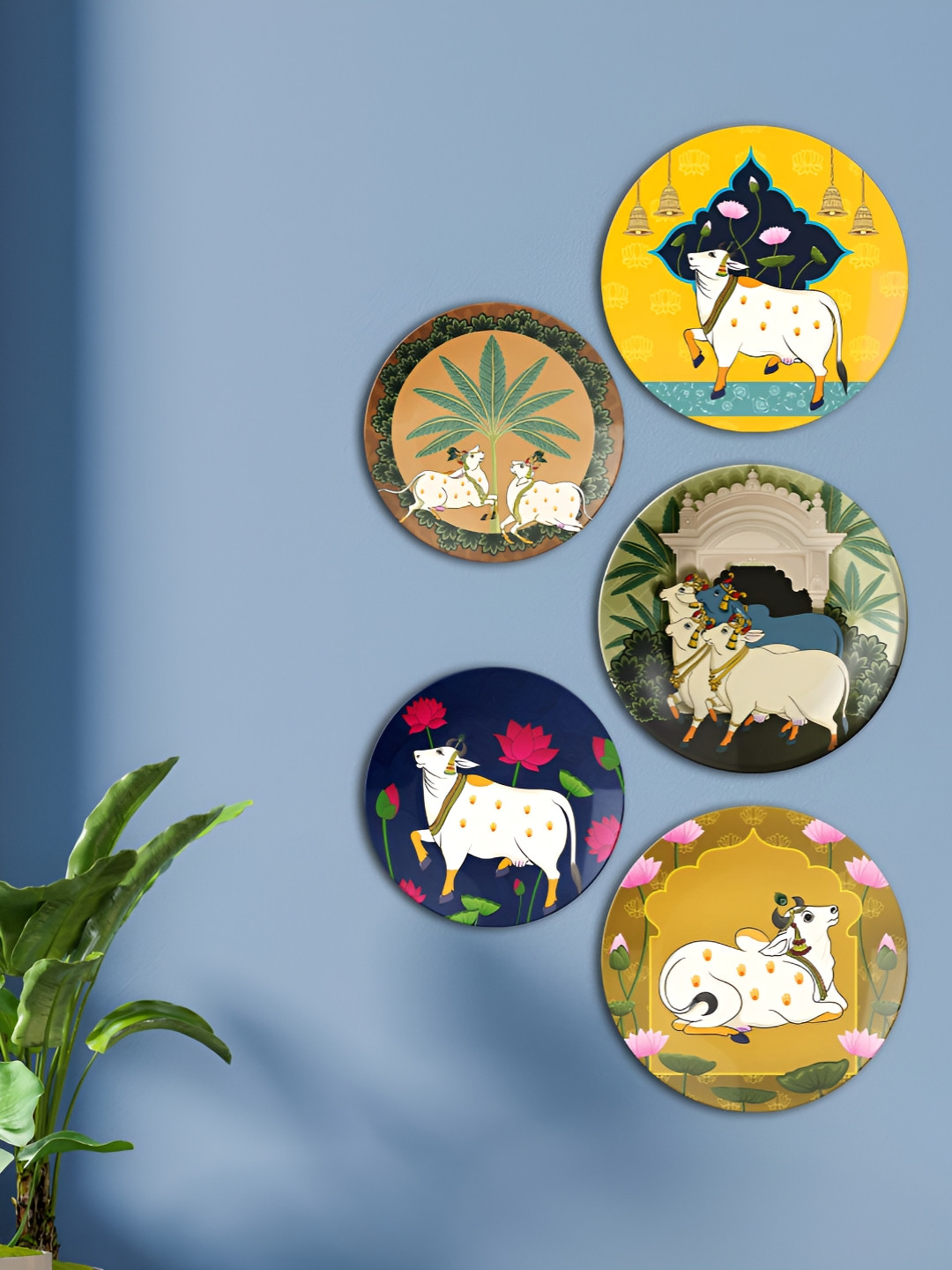 THE QUIRKY HOME Lotus and Cow Pichwai Collection Ceramic Glossy 5Pcs Wall Plates-10In
