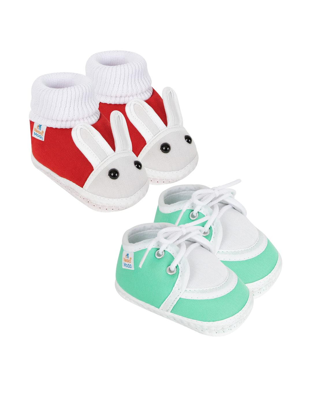 Neska Moda 3 To 12 Months Baby Boys & Baby Girls Set of 2 Pair Soft Cotton Rabbit Face Lace Booties (Toe to Heel Length - 12 cm, Red, Mint)