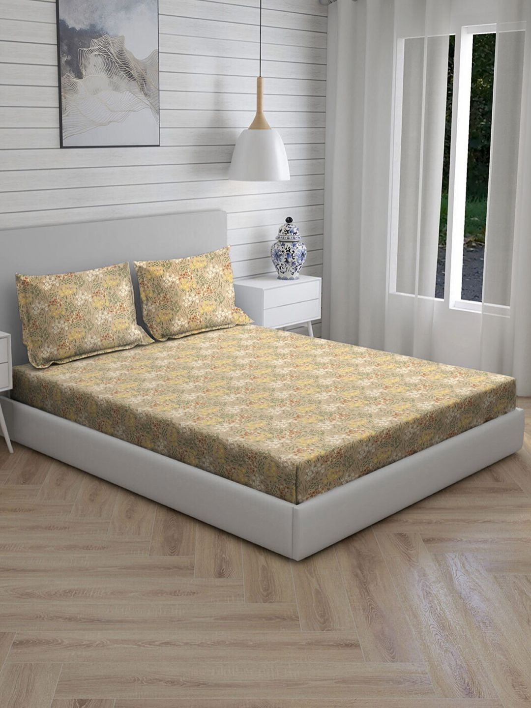 Living scapes by Pantaloons Mustard Floral 144 TC Queen Bedsheet Set 2.74 m X 2.20 m