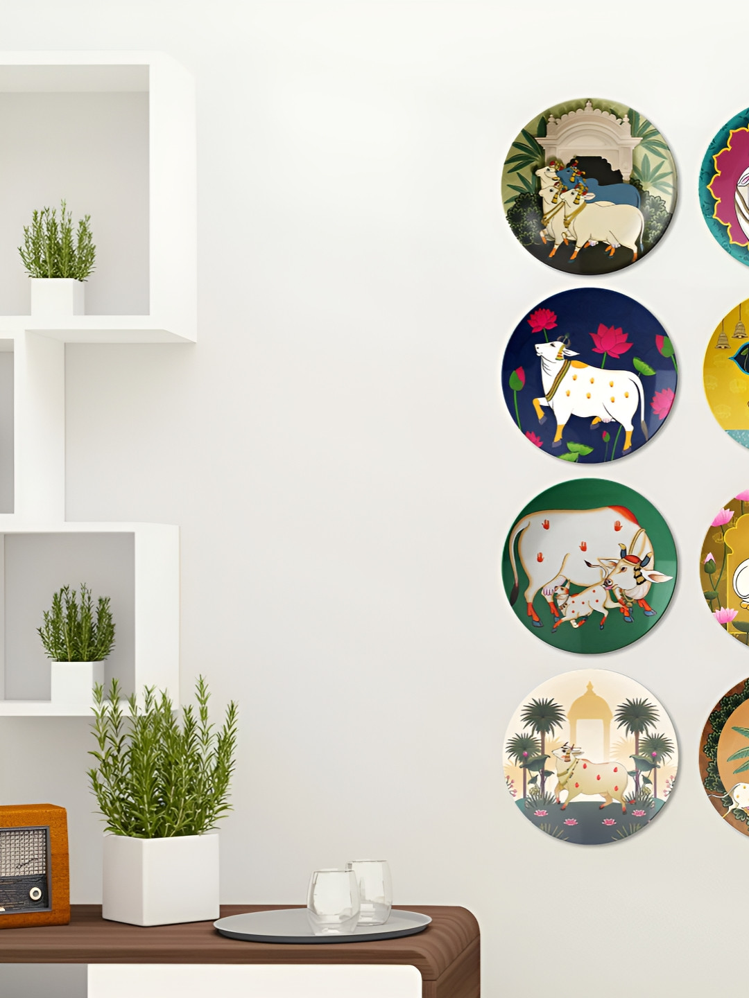 THE QUIRKY HOME A Gathering of Cows in Pichwai Ceramic Floral Glossy 8Pcs Wall Plates-10In