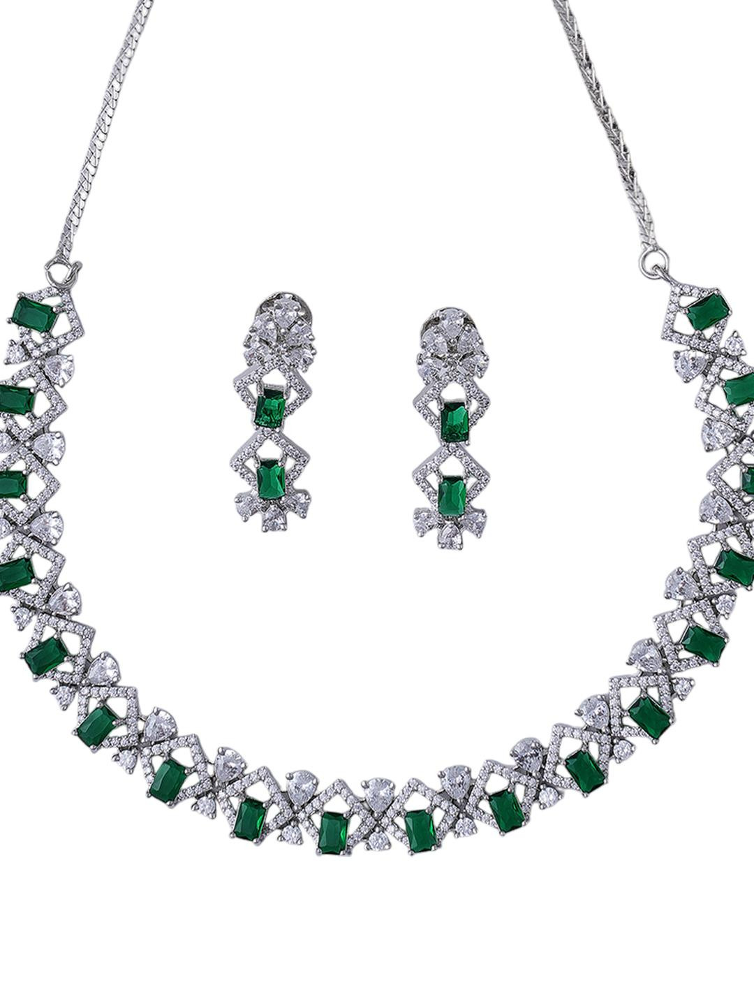 KAYRAH Green Brass Crafted CZ Stone Studed Necklace with Earrings