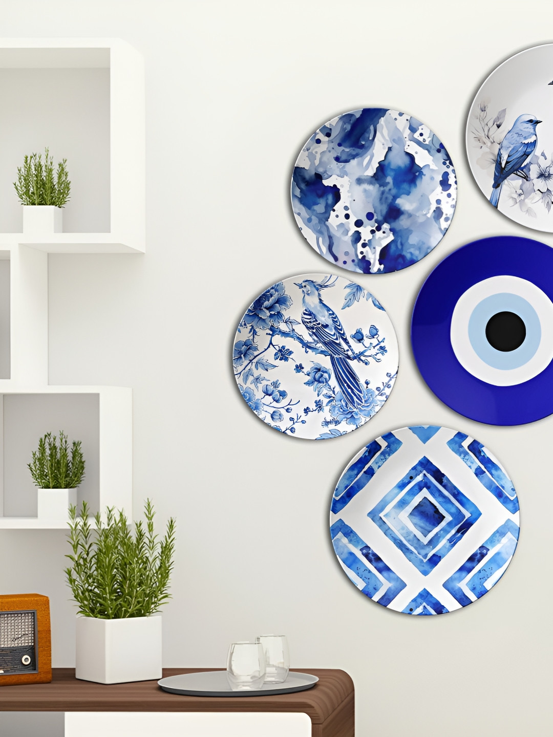 THE QUIRKY HOME Hues on Display Ceramic Floral Glossy Hanging Hall 5Pcs Wall Plates-10In