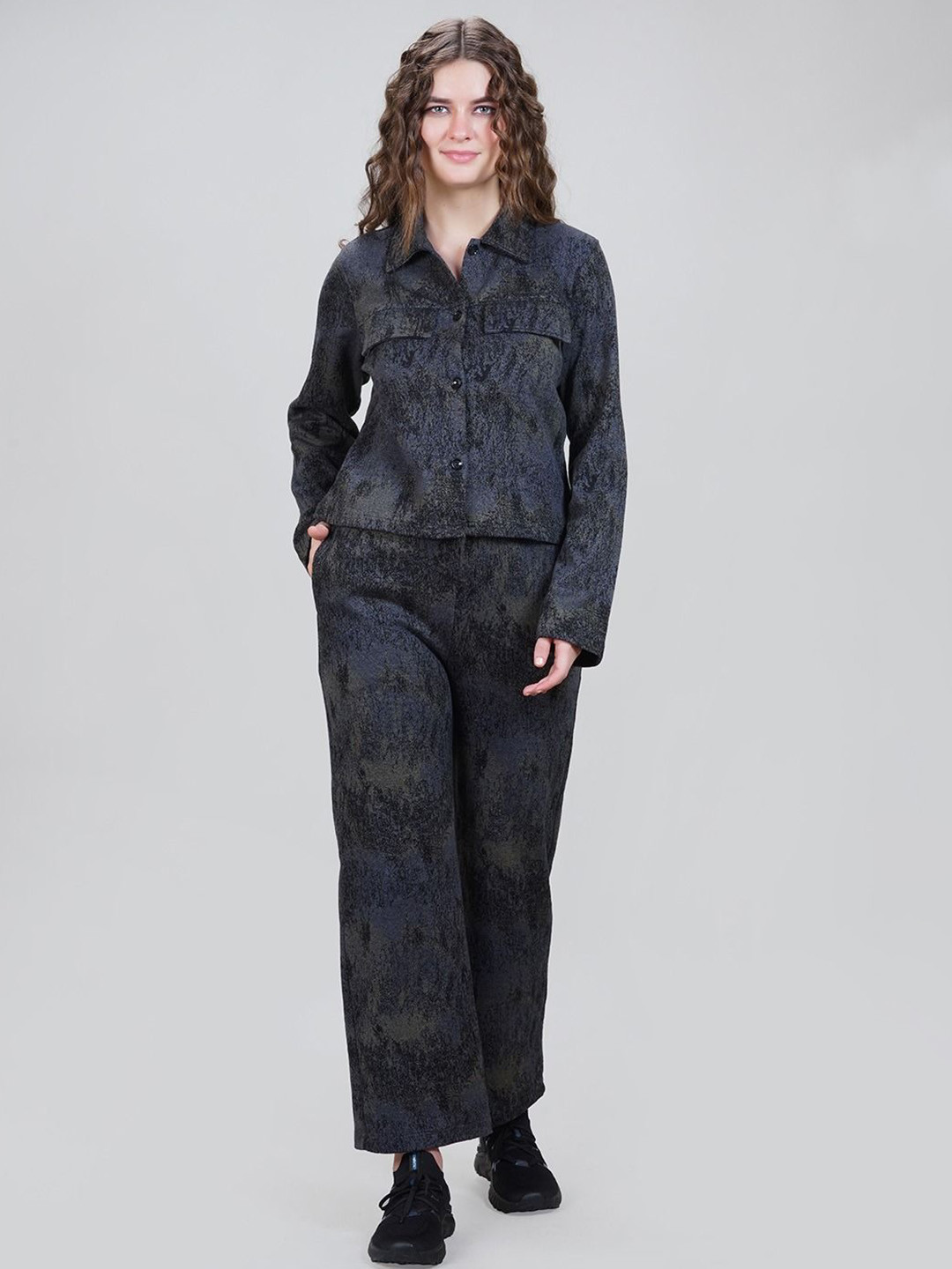 She N She Texture Jacquard Shirt Collar Neck Shirt With Trousers Co-Ords
