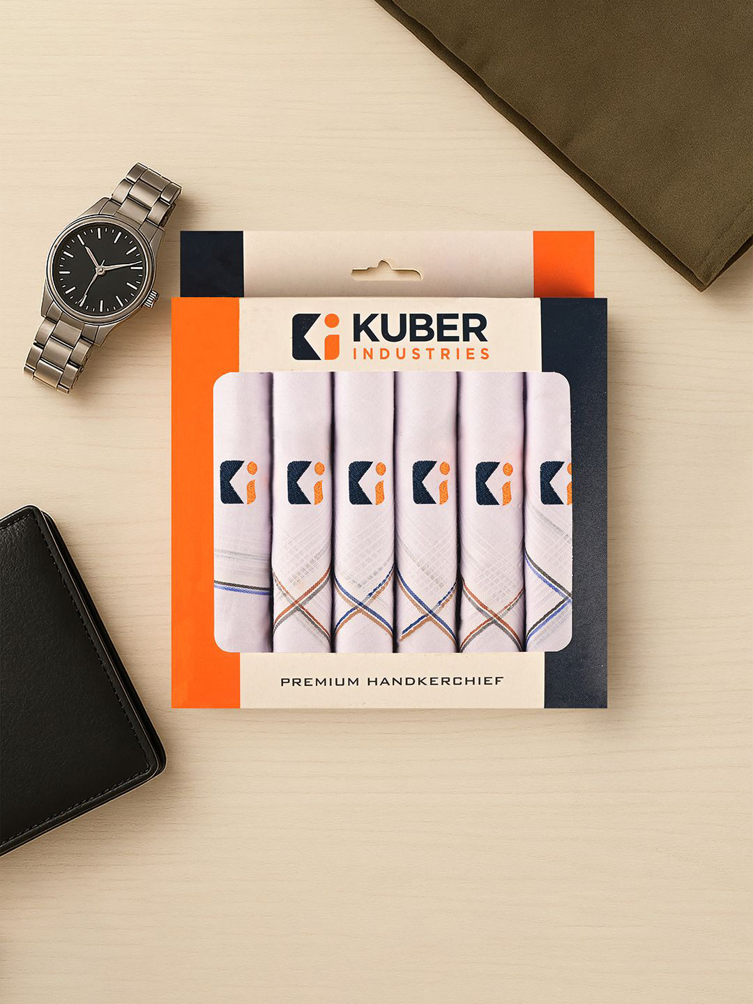 Kuber Industries Men 6 Pcs Set White Handkerchief for Cotton KI Logo Lining Border