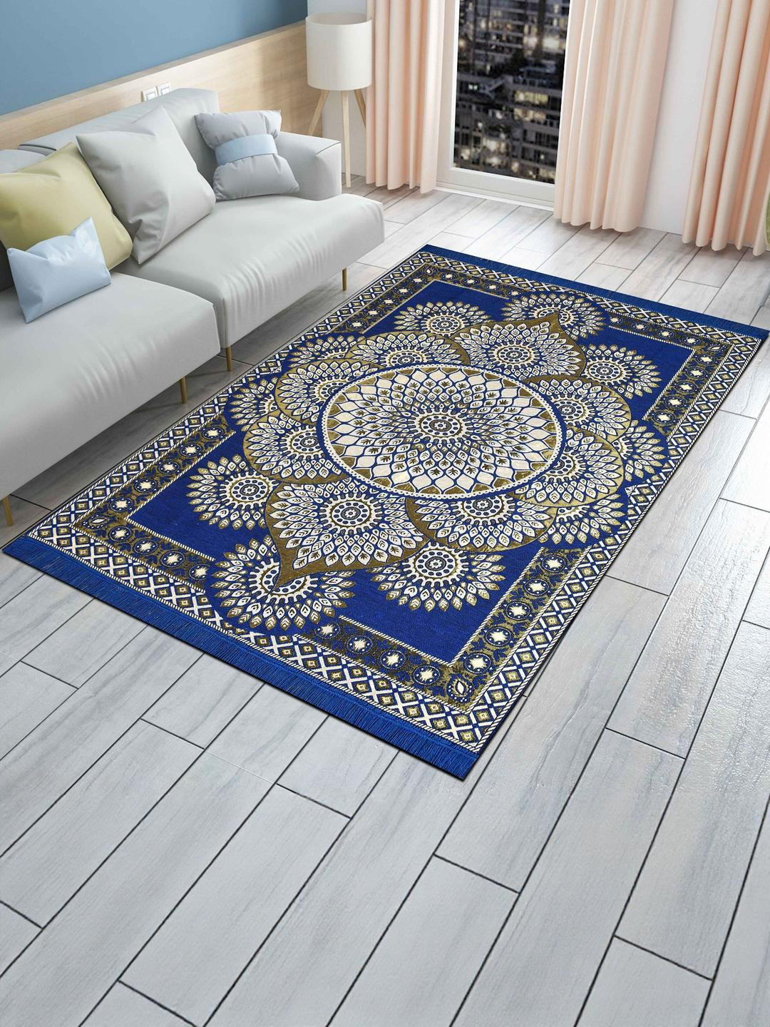 Furnishing Hut Blue Floral Anti-Skid Cotton Carpet