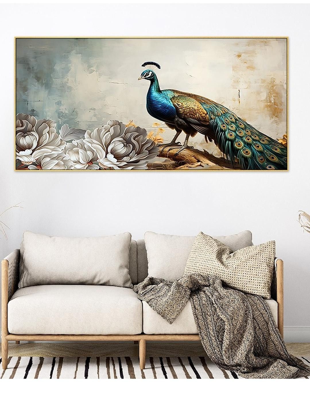 DEKORSTATION Blue & Copper-Toned Peacock Canvas Wall Painting