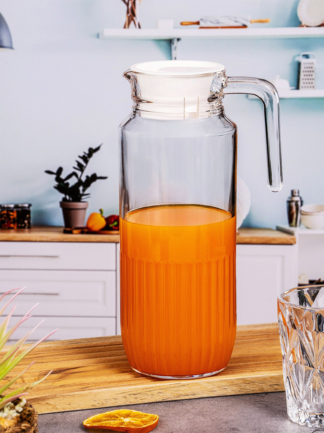 Luminarc Transparent & White Textured Clear Glass Water Jug With Lid-1.3 L