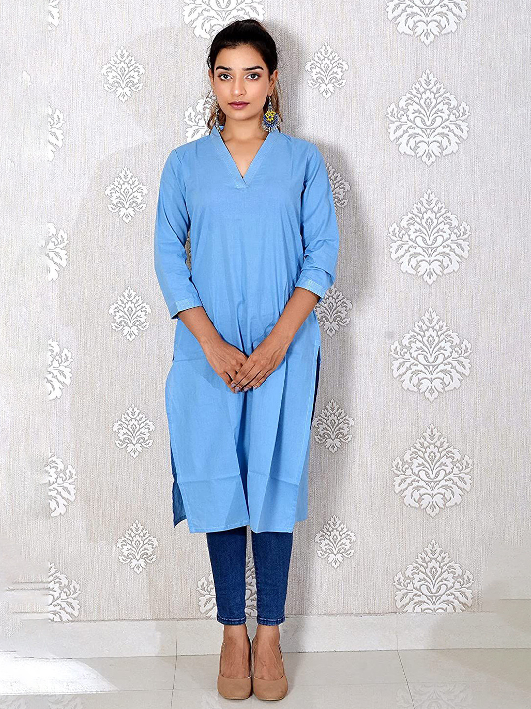 JAIPUR HAND BLOCK V Neck Pure Cotton Thread Work Straight Kurta