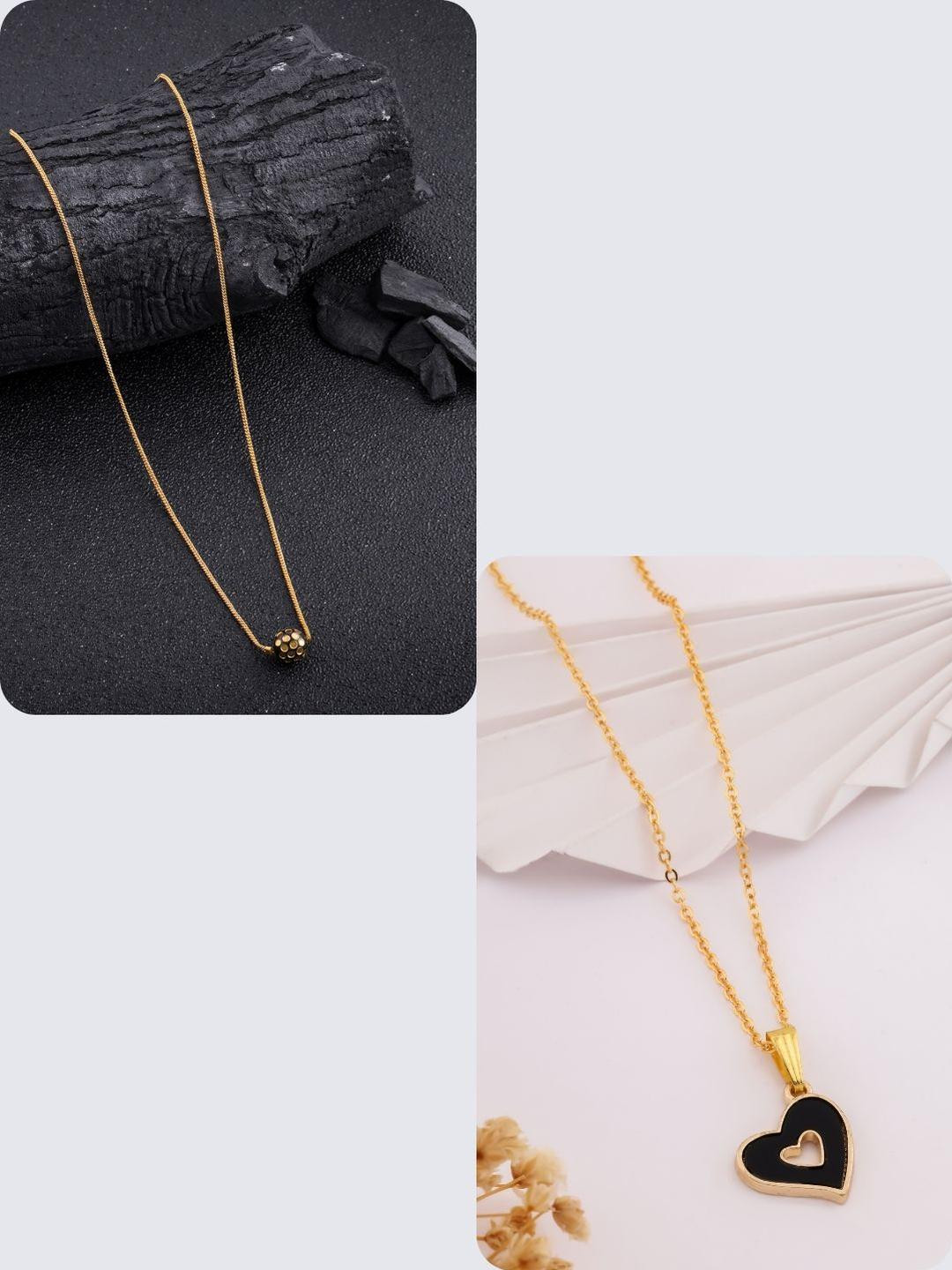 DressBerry Women Set Of 2 Black Gold-Plated Heart & Circular Shaped Chains