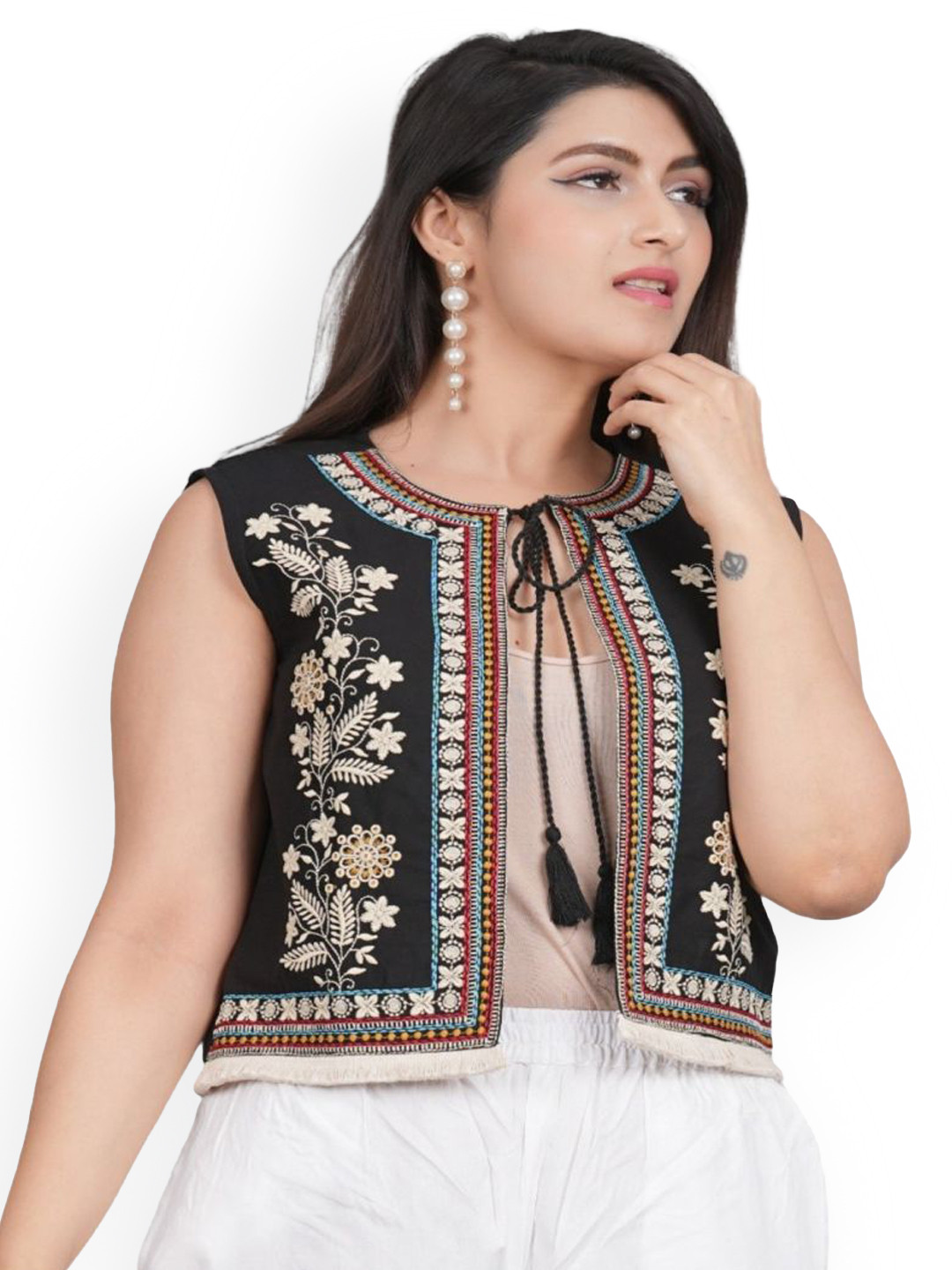 Prijam Floral Embroidered Crop Tie-Up Neck Open Front Cotton Jacket
