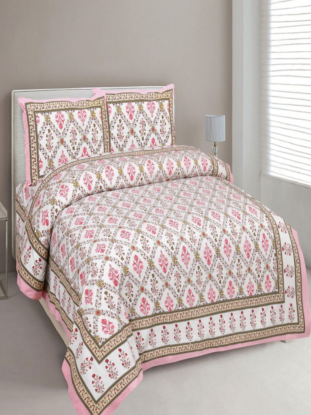 Bombay Spreads Pink & Off White Pure Cotton 180 TC King Bedsheet Set-2.74 m x 2.20 m
