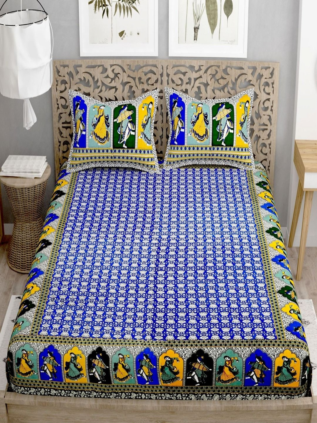 Bombay Spreads Blue & Yellow Printed Cotton 180 TC Double King Bedsheet Set 2.74m X 2.20m