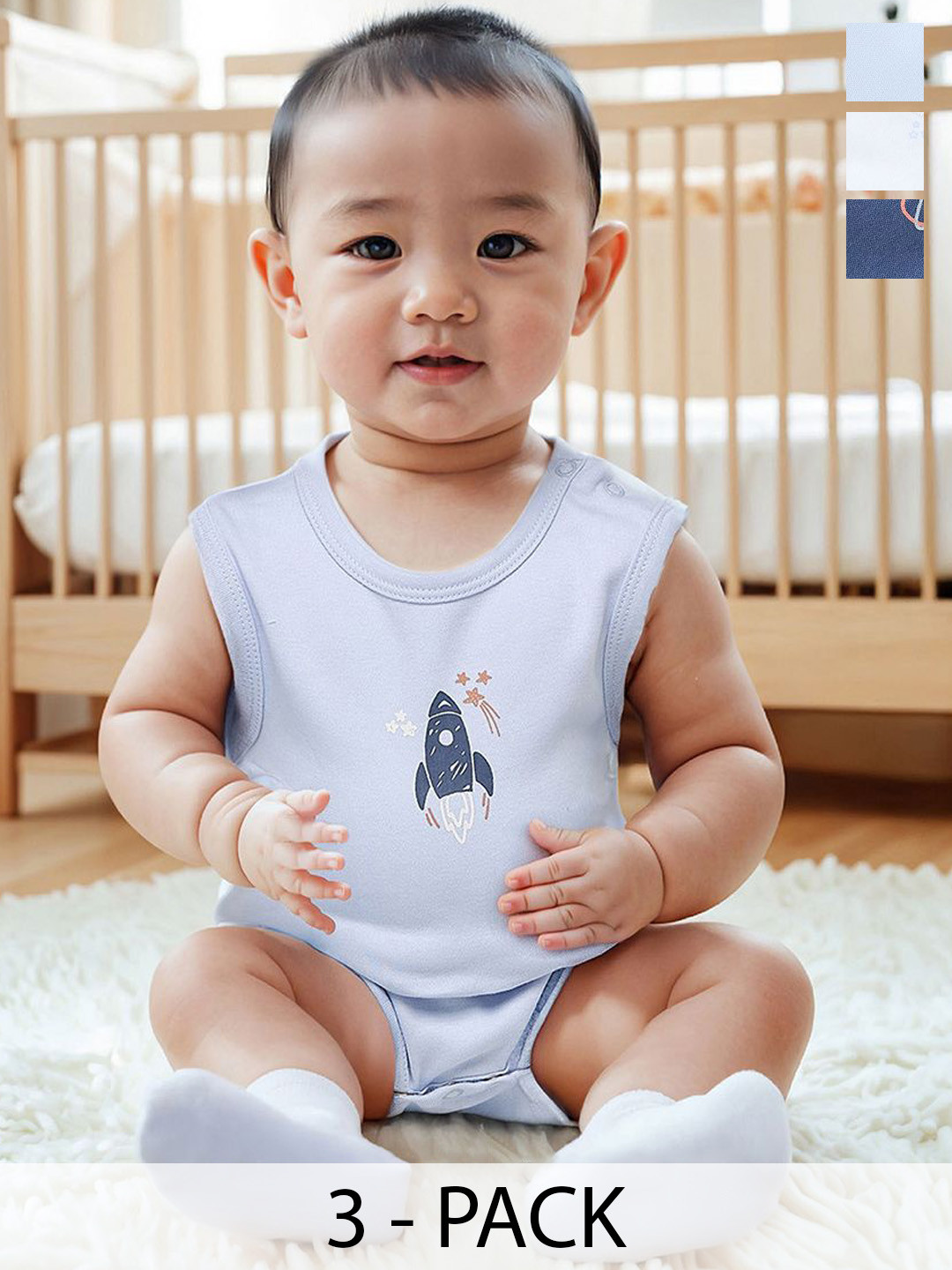Juniors by Babyshop Infant Boys Pack Of 3 Printed Cotton Sleeveless Bodysuit