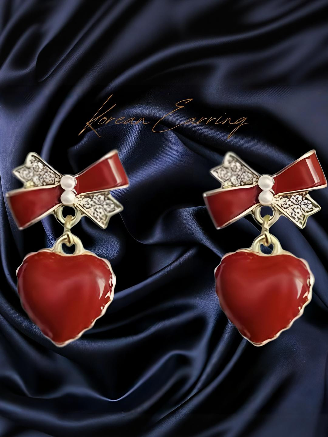 AKISON JEWELS Women Red & Gold-Toned Heart & Bow Shaped Alloy Earrings