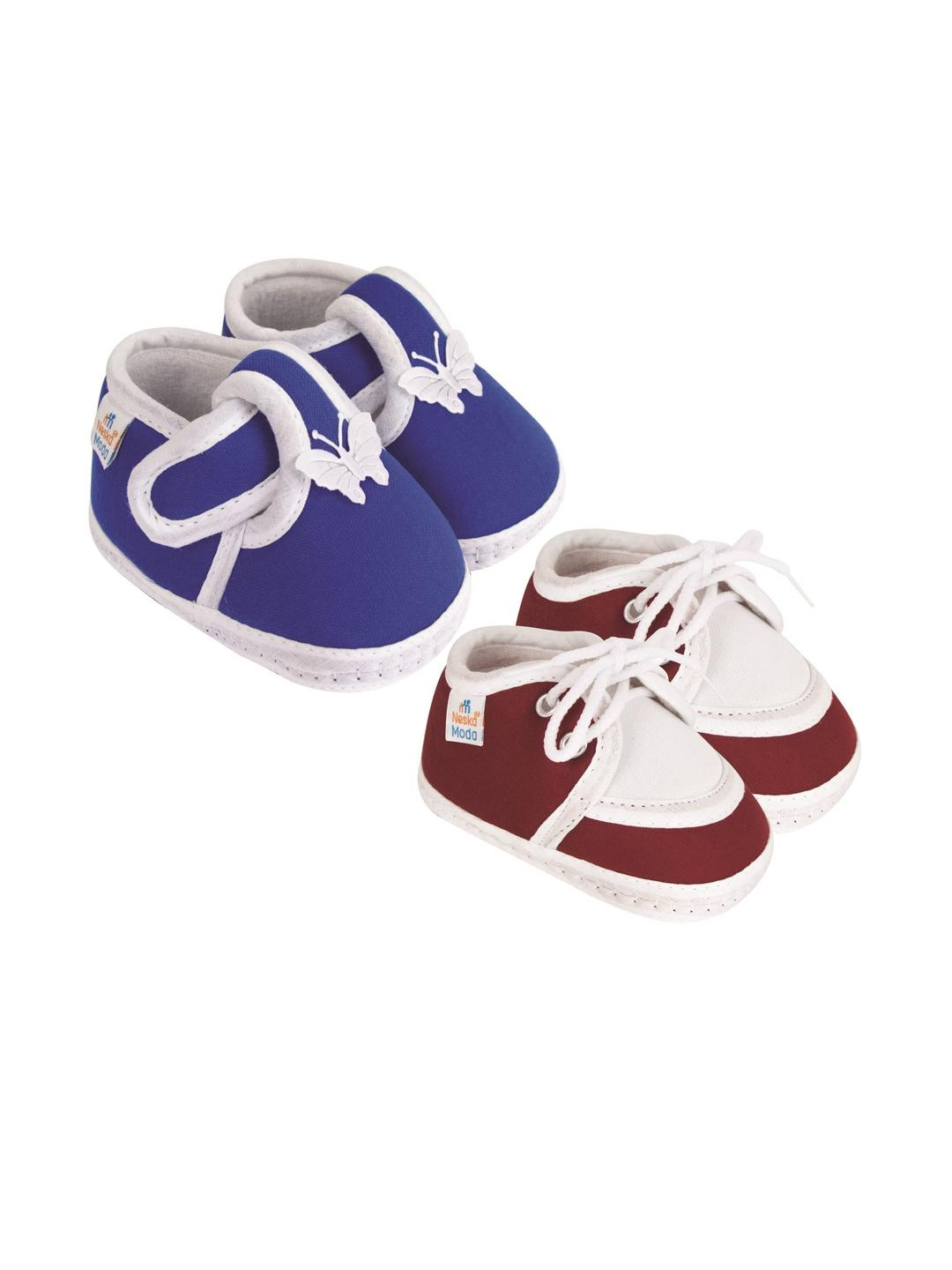 Neska Moda 0 To 6 Month Newborn Baby Boy & Baby Girls 2 Pair Soft Cotton Skin-Friendly Baby Booties (Toe to Heel Length - 10 cm, Blue, Maroon)