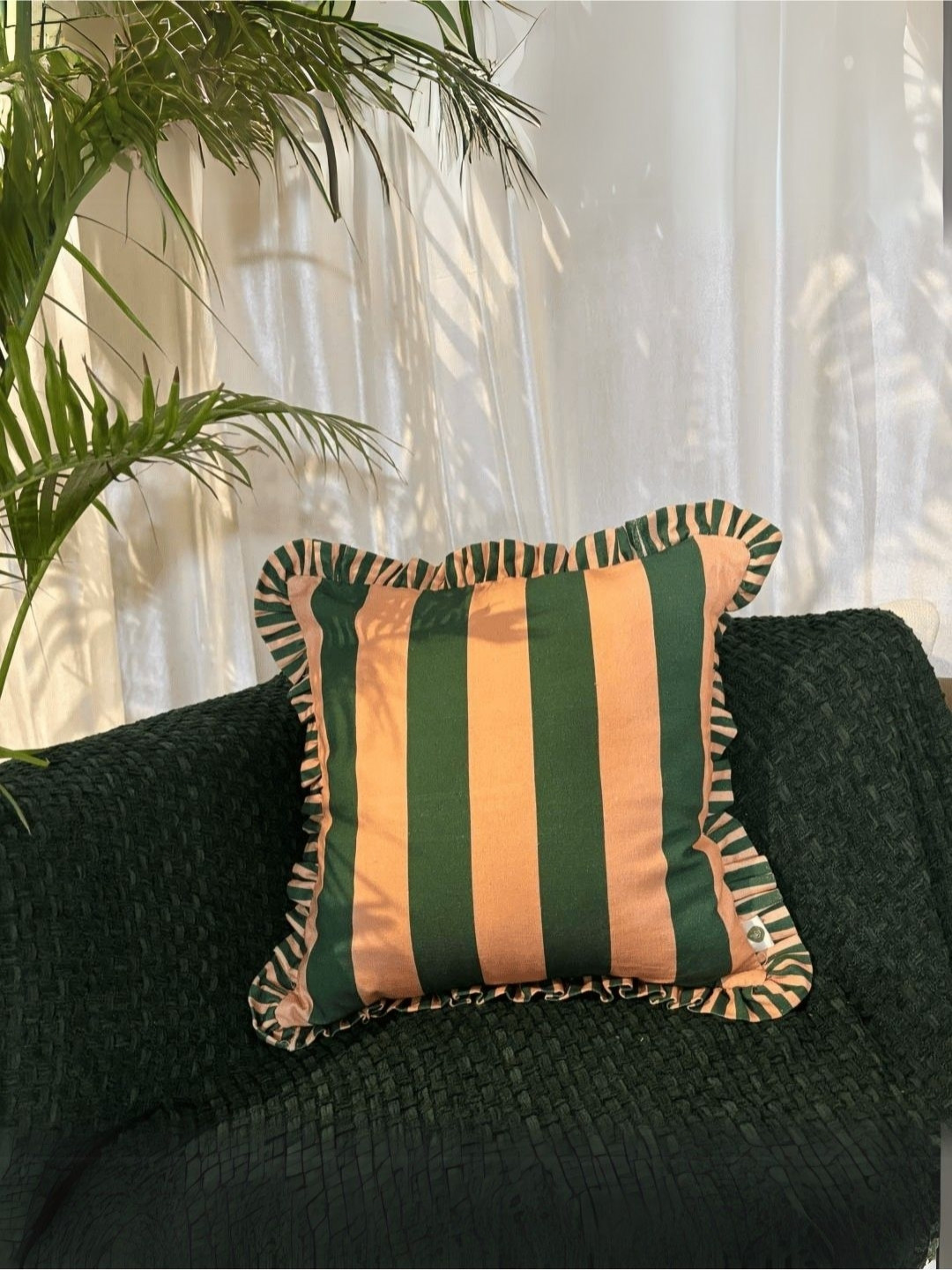 LUSHLYF Forest Flame Ruffle Peach-Coloured & Green Striped Cotton Square Cushion Cover