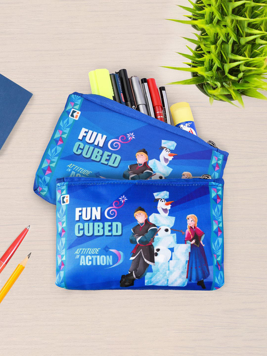 Kuber Industries Girls  2 Pcs Blue Printed Polyester Pouch for School Funcubed Square