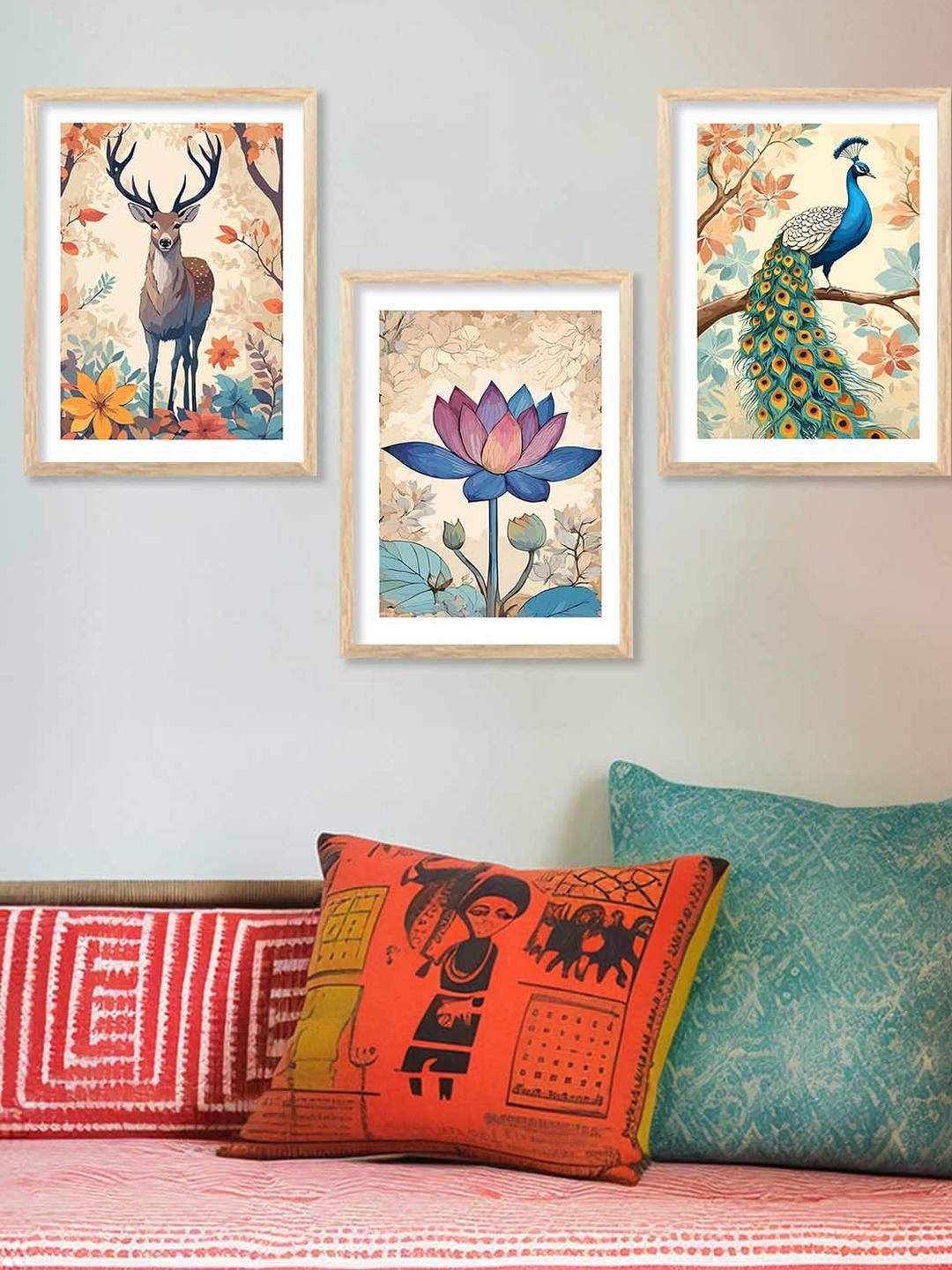 WALLLANE 3 Piece Beige & Green Wood Birds and Animals Wall Painting