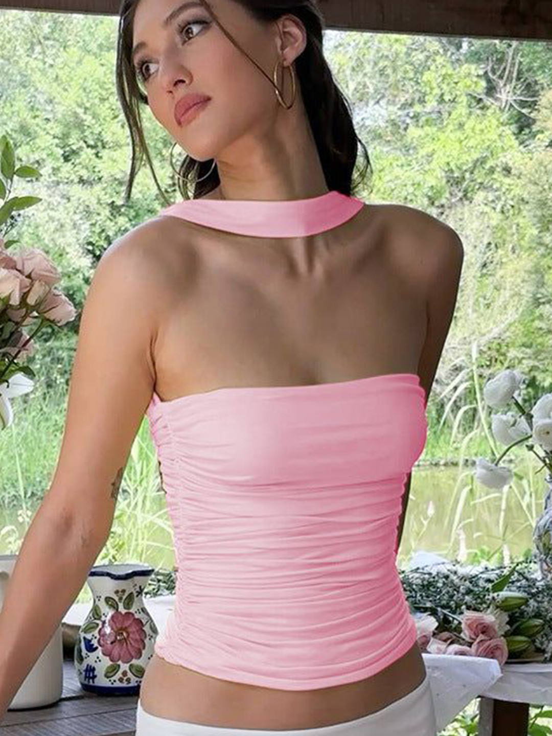 Outzidr Women Strapless Ruched Tube Top