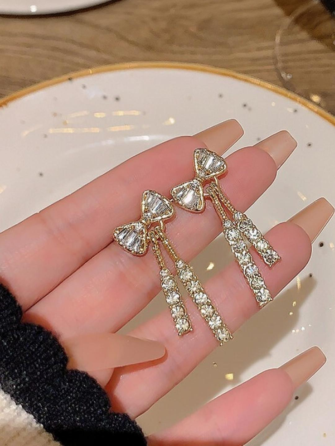 AKISON JEWELS Women White Gold-Plated Casual Crystals Handcrafted Drop Earrings