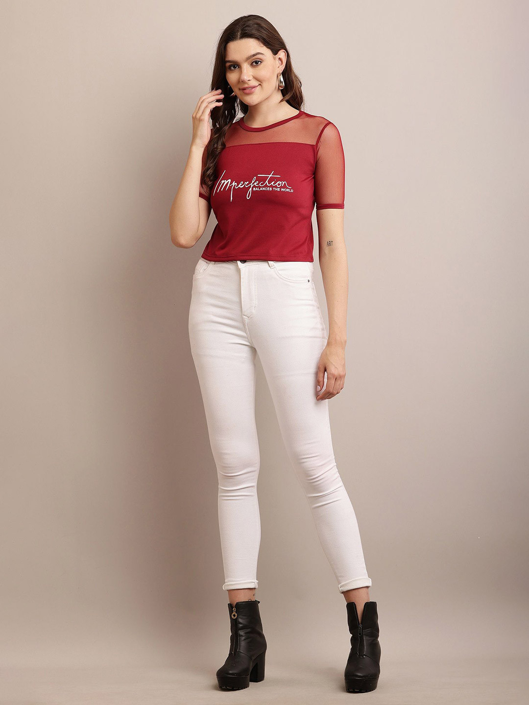 Raabta Fashion Women Round Neck Tropical Print Semi Sheer Top