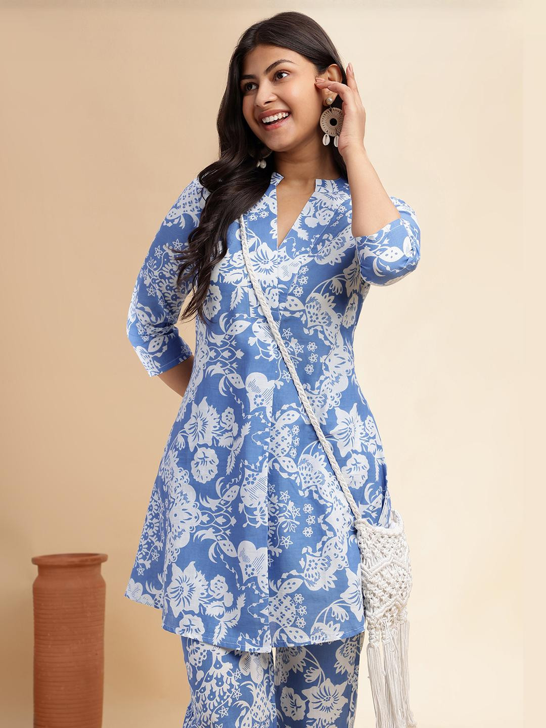 KALINI Women Floral Print Flare Cotton Top & Palazzos Co-Ord Set