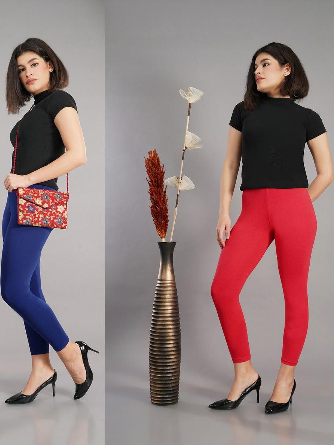 Avaasa Buy Shruthi Pack of 2 Coral & Blue Viscose Rayon Ankle Length Leggings